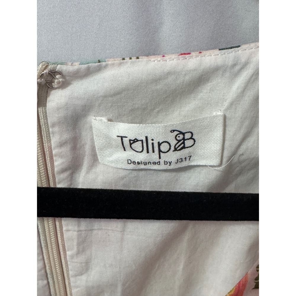 Tulip B Stamp Print Fit Flare Dress W M/L Pink Green Cottagecore Vintage Style - Picture 5 of 8